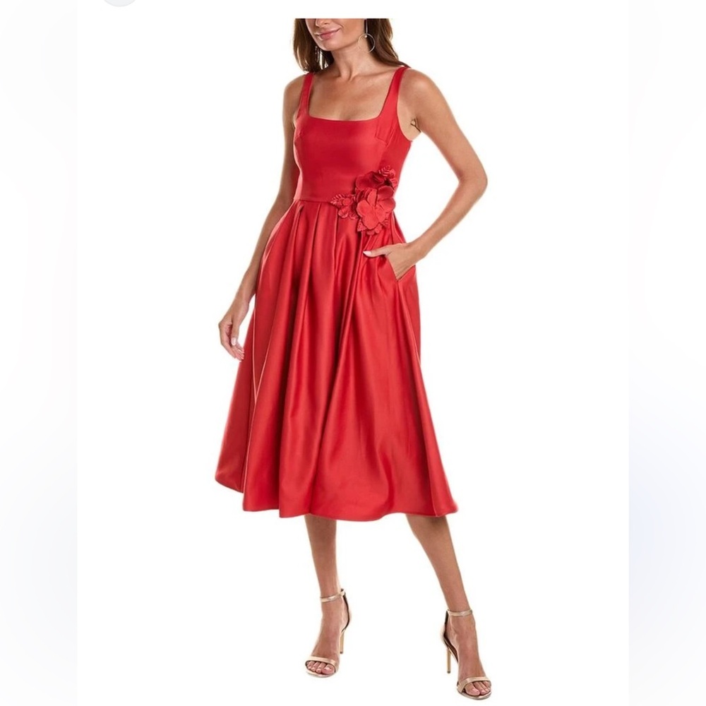 Marchesa Notte- Floral Satin Midi Dress- Elegant Red Floral Midi Dress
